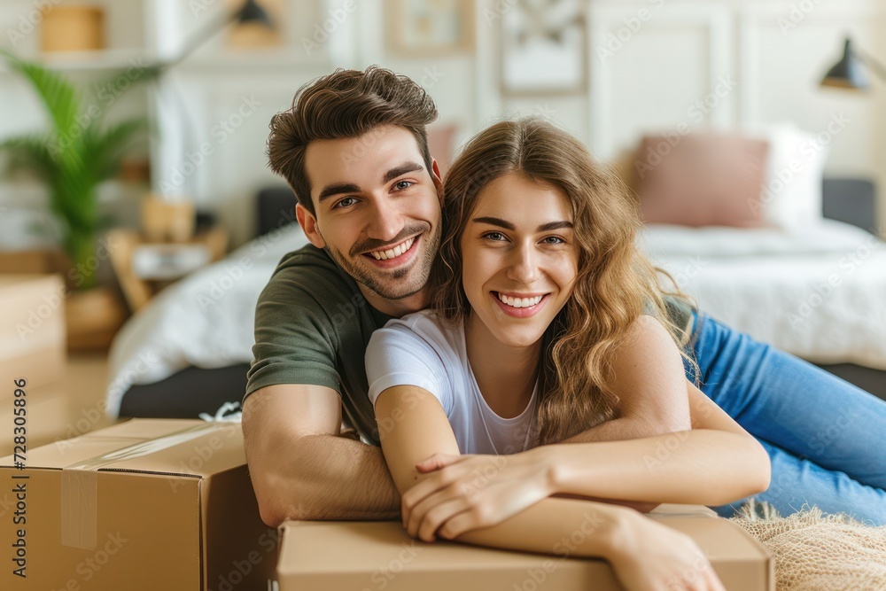 Young couple moving to a new house and packing in boxes while looking at the camera smiling 