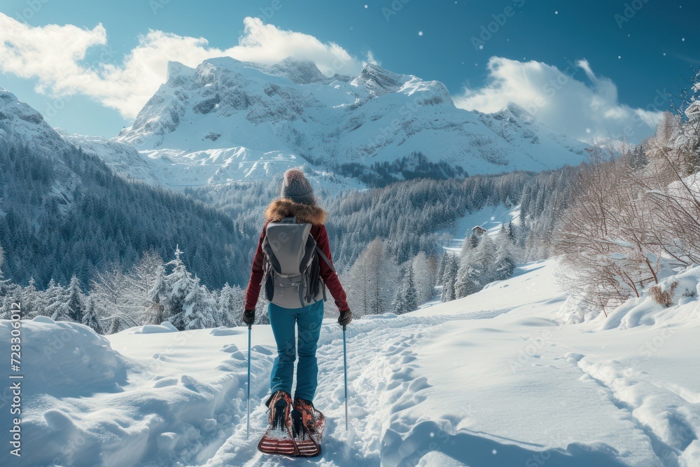 Young woman snowshoeing in the mountain. Young woman snowshoeing in the mountain.