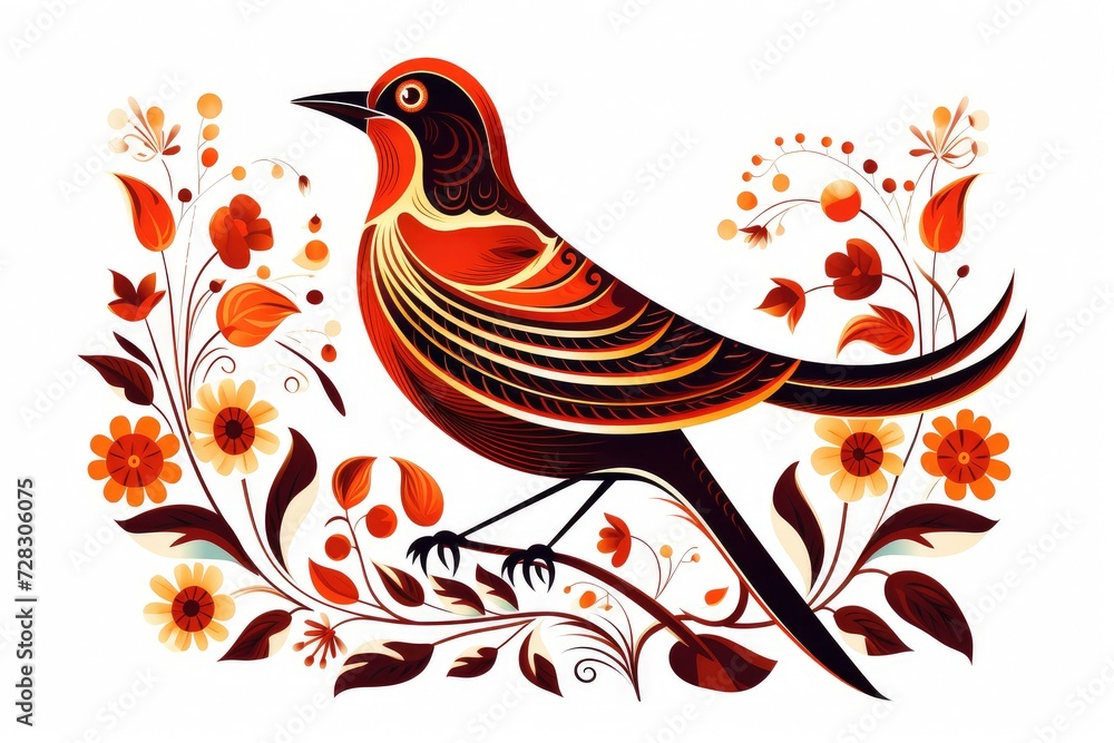 Elegant Folk Art Bird with Ornate Floral Design - Traditional Elegance Generative AI