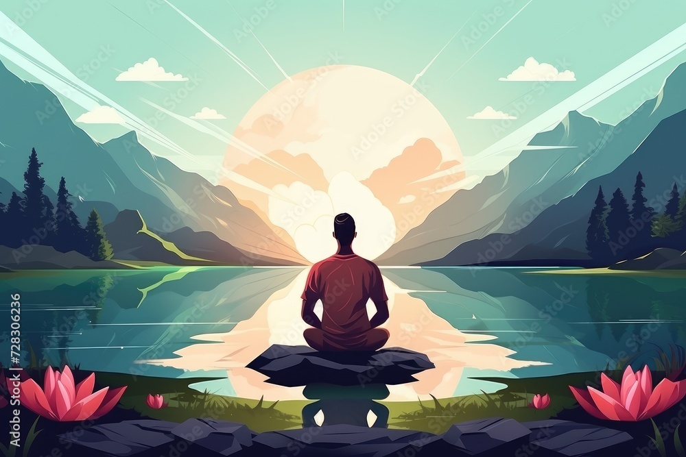 Serenity in Sunset: Meditative Woman Embracing Peace Generative AI