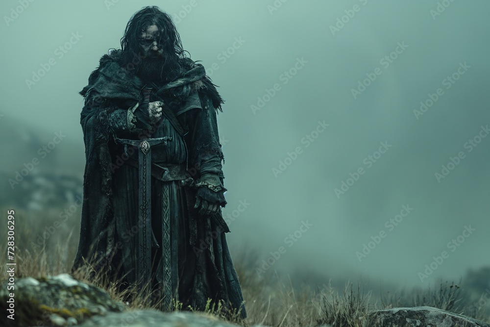 Mystical Encounter: Celtic Warrior Amidst Morning Mist on Hillside Mystical Encounter: Celtic Warrior Amidst Morning Mist on Hillside