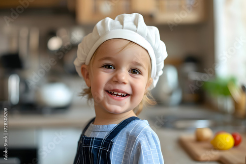 Cute little child chef are cooking in kitchen room.