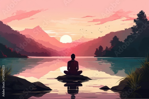 Serenity in Sunset: Meditative Woman Embracing Peace Generative AI