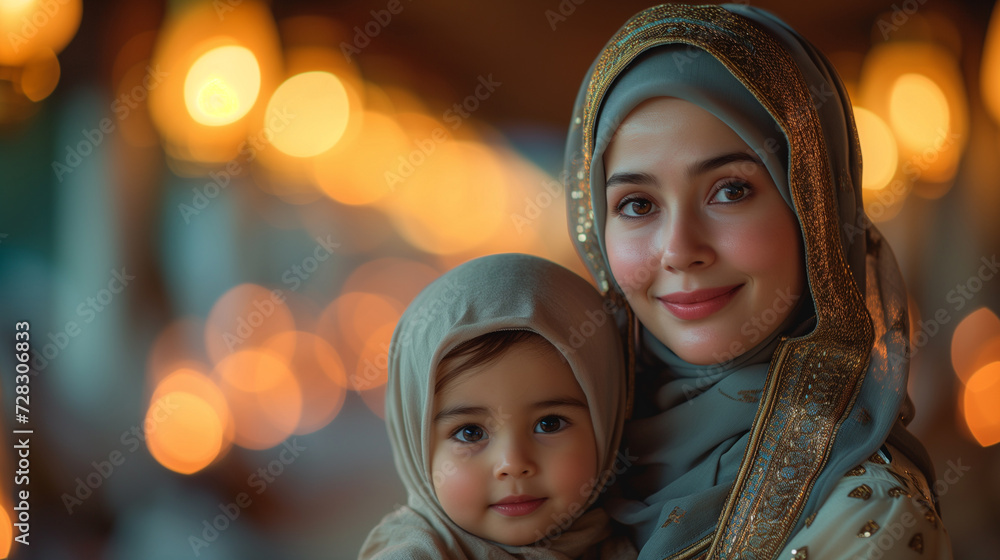 Ramadan evening portrait with muslim woman in traditional attire during the holy month and lanterns illuminating background Ramadan evening portrait with muslim woman in traditional attire during the holy month and lanterns illuminating background