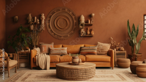 Home interior with ethnic boho decoration, living room in brown warm color