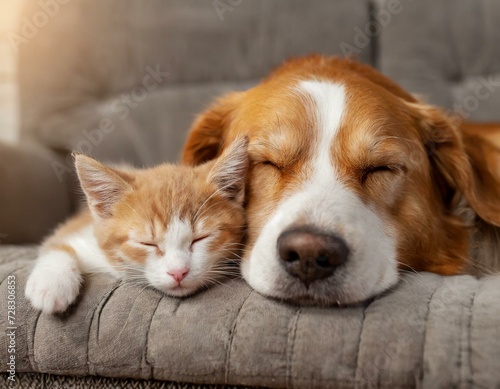 ソファーの上で仲良く眠る子猫と犬