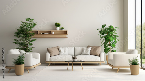 Interior of minimalist living room with green houseplants and sofas