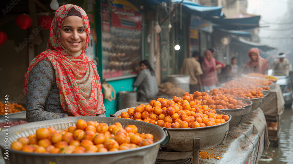 merchan on vibrant street scene during Ramadan, the bustling bazaars and food stalls