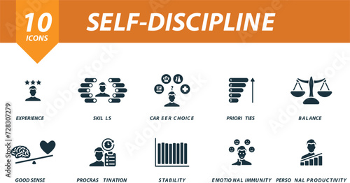 Self-discipline icons set. Creative icons: experience, skills, career choice, priorities, balance, good sense, procrastination, stability, emotional immunity, personal productivity.