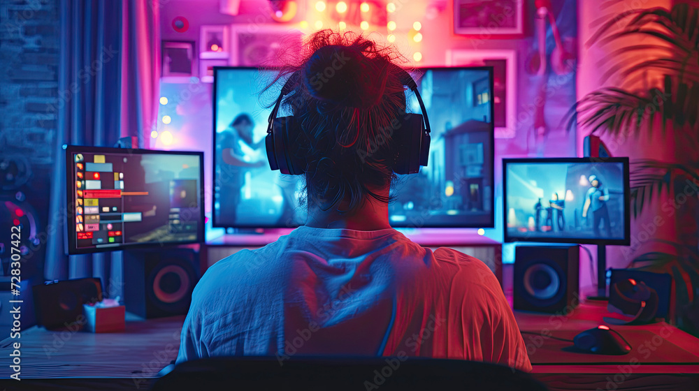 Rear view of a male creative professional editing a video on his computer in a vibrant, colorfully lit workspace.
