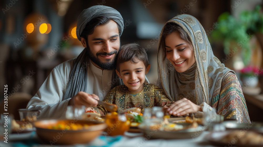 An intimate muslim family portrait in ethnic attire with meal breaking the Ramadan in a cozy home