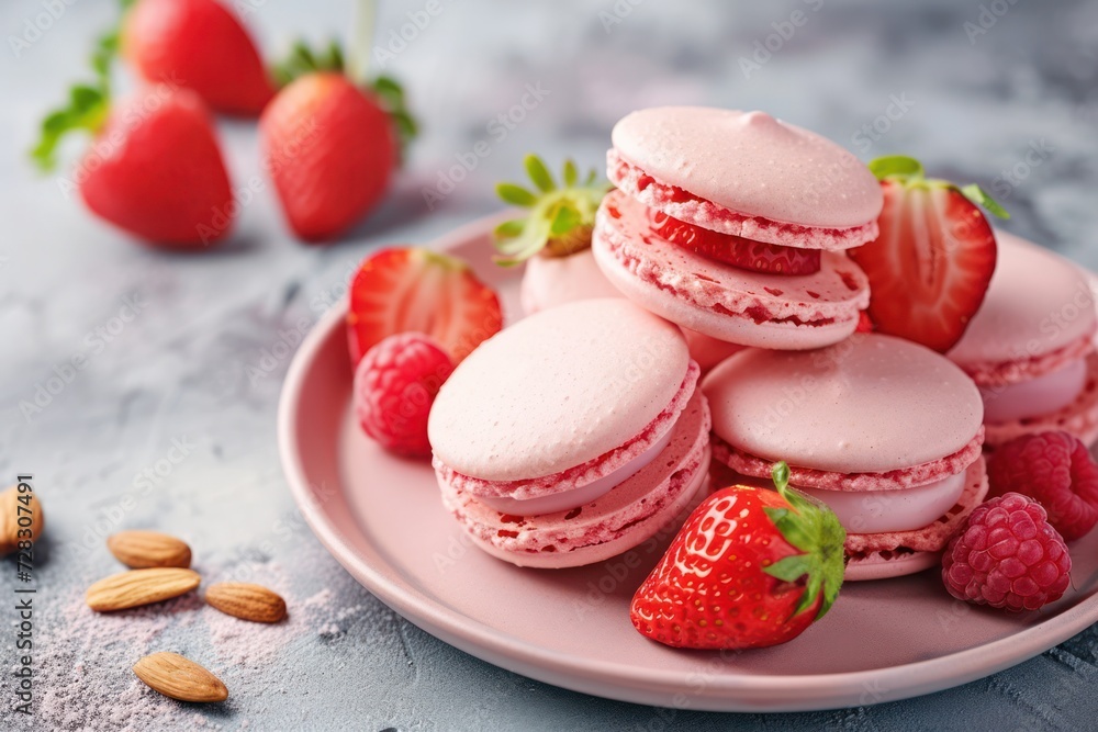 Almond and Strawberry Macaron cookies sweet pastry with berries stock photo