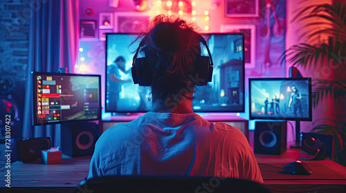 Rear view of a male creative professional editing a video on his computer in a vibrant, colorfully lit workspace.
