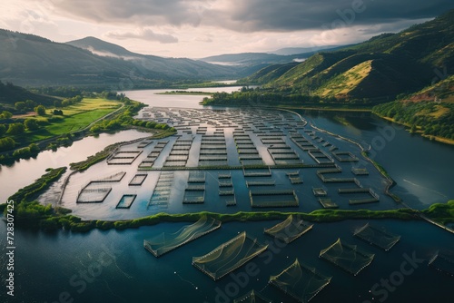 Aerial view over a large fish farm with lots of fish enclosures in a lake/dam.  photo
