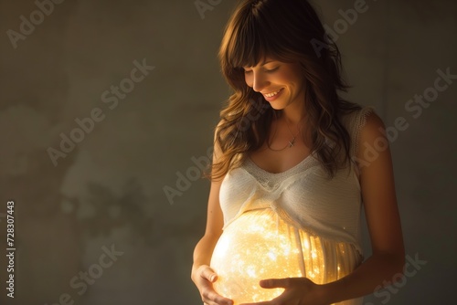 Miracle of birth concept with woman holding her glowing pregnant belly