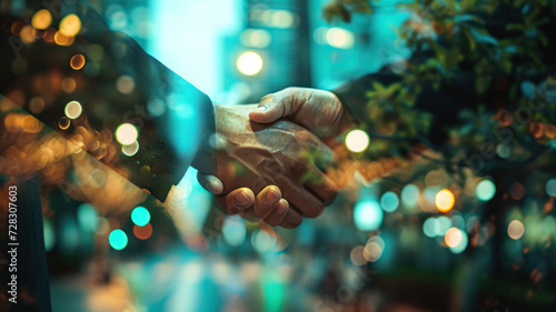  Double Exposure of a businessman handshake on the background blurred downtown nightlife.
