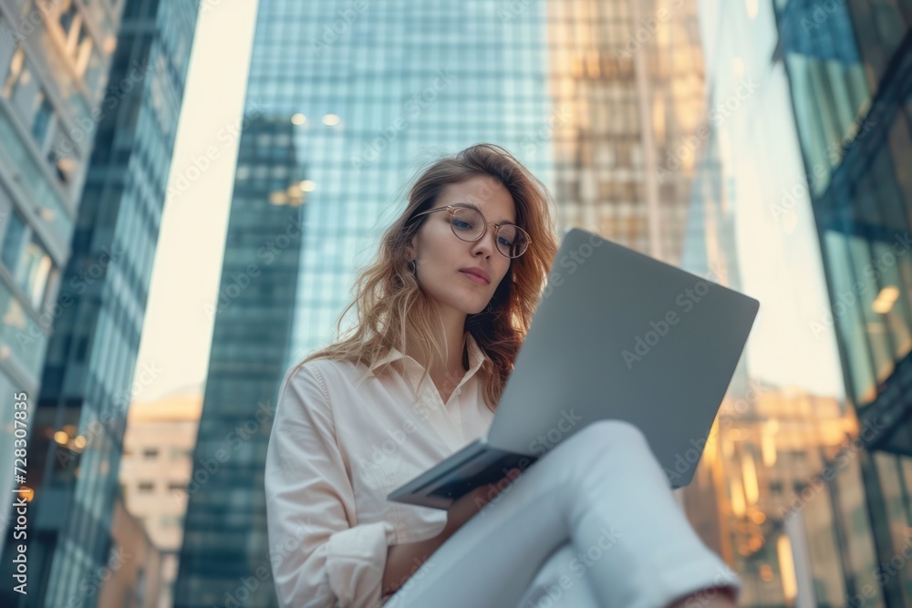 Confident young businesswoman working on laptop, sitting against corporate buildings in financial district in the city. Confident young businesswoman working on laptop, sitting against corporate buildings in financial district in the city.