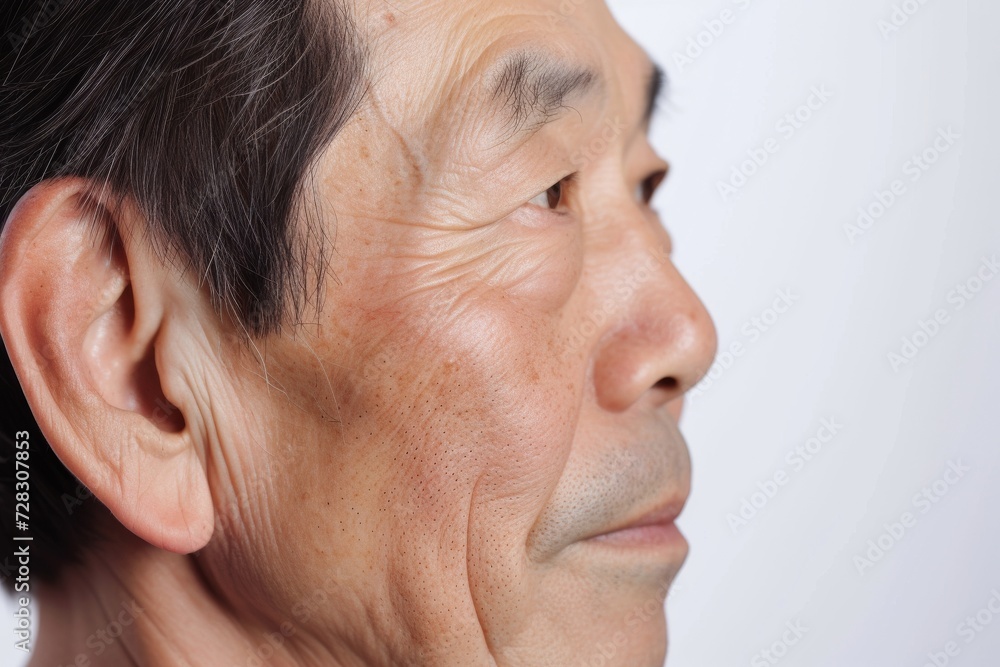 Obraz premium 皺・たるみ・しみに悩むおじいさんの目元（眼瞼下垂・目の下のふくらみ・整形・若返り） 