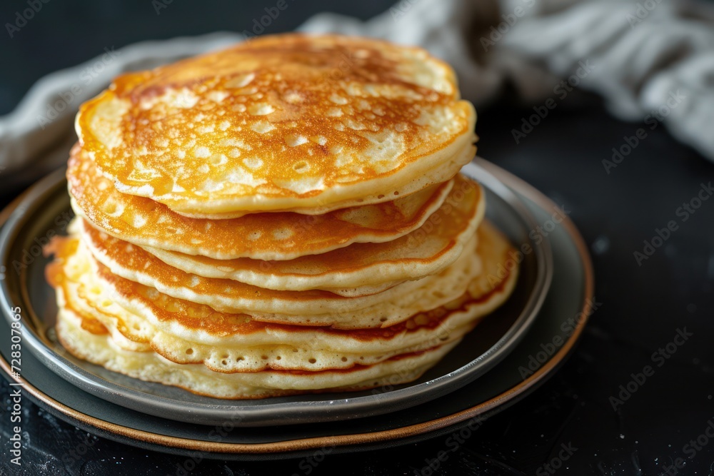 Cottage cheese pancakes upclose on a black concrete background 