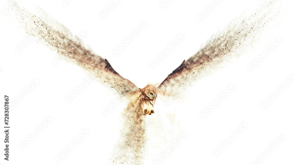 Fototapeta premium Flying owl. Abstract artistic nature. Dispersion, splatter effect. White background.