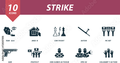 Strike icons set. Creative icons: tear gas, arson, confront, baton, picket, gun, protest, consumer activism, strike, solidarity action.