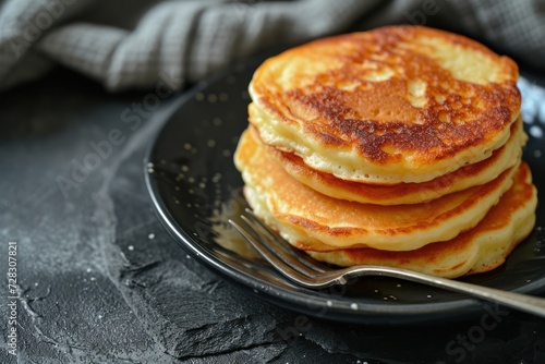 Cottage cheese pancakes on a black concrete background 