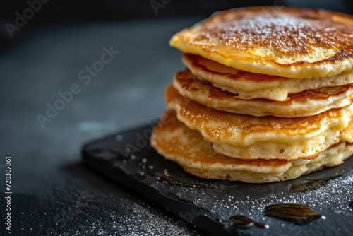 Cottage cheese pancakes upclose on a black concrete background 