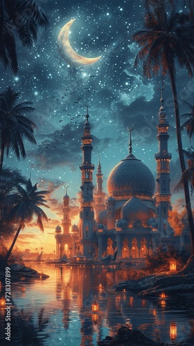 Foto Glowing Starlit Night at the Grand Mosque Generative AI