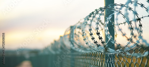 Barbed wire and barbed wire fence to prevent intruders, anti-refugee group entering wall, in control facility, prison security concept. photo