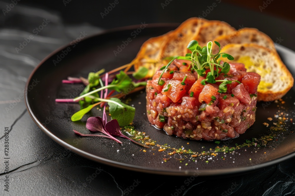 Delicious fresh beef tartar with toasts on a black square plate against a dark background Delicious fresh beef tartar with toasts on a black square plate against a dark background
