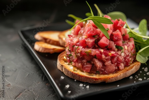 Delicious fresh beef tartar with toasts on a black square plate against a dark background 