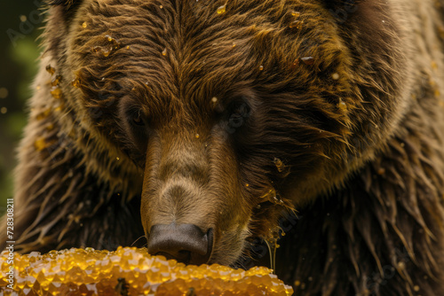 A bear in the process of harvesting honey from a beehive