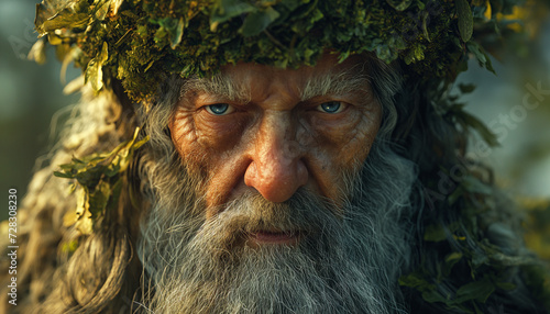 Elder's Gaze: Elderly Man's Face with Alert Stare, Grey Beard, Blue Eyes, Entwined in Ivy, Bathed in Warm Side-Lit Glow, Tinted in Shades of Grey and Yellow-Green
