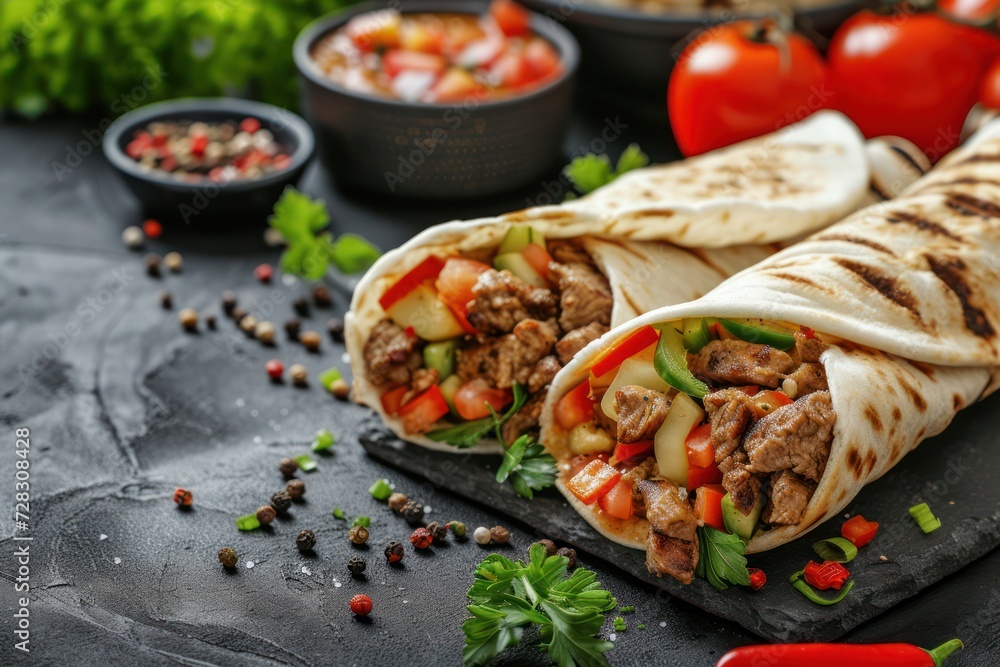 Delicious fresh shawarma with meat and vegetables on a dark concrete table. Fast food, Turkish cuisine Delicious fresh shawarma with meat and vegetables on a dark concrete table. Fast food, Turkish cuisine