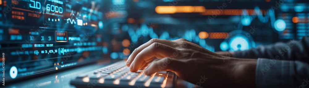A cybersecurity analyst's hand typing on a keyboard with futuristic digital data interface in the background. A cybersecurity analyst's hand typing on a keyboard with futuristic digital data interface in the background.