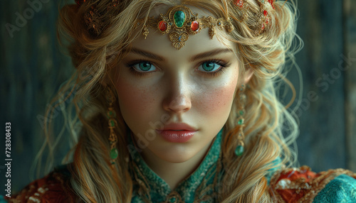 Royal Elegance: Princess's Portrait with Blonde Curly Hair, Diamond-Adorned Golden Headpiece, Earrings, and Exquisite Mantle, Set Against Turquoise and Gold Tones
