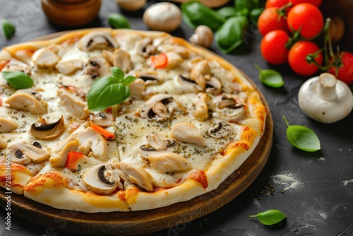 Delicious fresh street pizza with chicken, mushrooms and cheese. Street food, fast food 