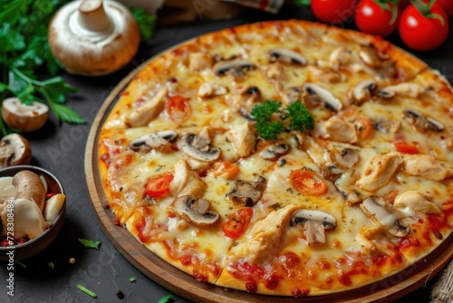 Delicious fresh street pizza with chicken, mushrooms and cheese. Street food, fast food 