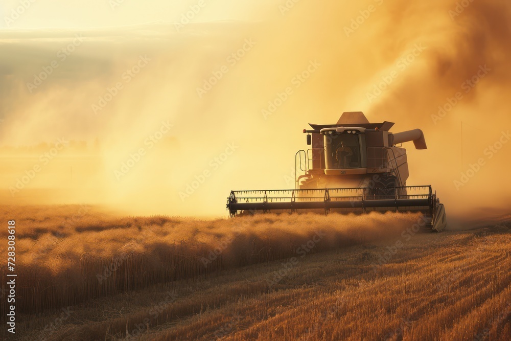 Fototapeta premium Dust rising from combine during crop harvesting, no-till technology professional occupation.