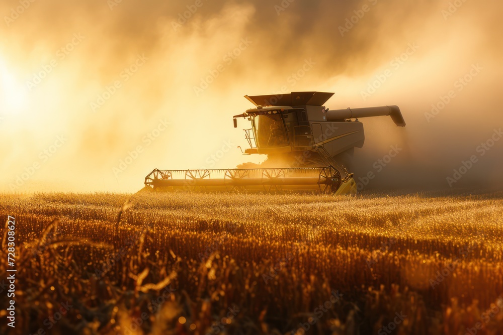 Fototapeta premium Dust rising from combine during crop harvesting, no-till technology professional occupation. 