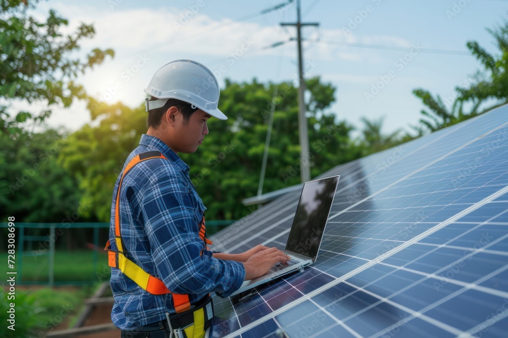 Engineer using a laptop to manage the installation of a photovoltaic system. 