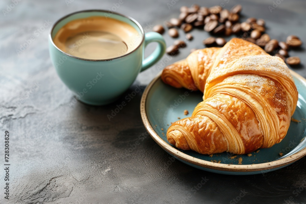 Fresh crisp delicious French croissant with a cup of fragrant coffee on a dark concrete background. Invigorating breakfast Fresh crisp delicious French croissant with a cup of fragrant coffee on a dark concrete background. Invigorating breakfast