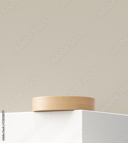 Fototapeta Naklejka Na Ścianę i Meble -  White modern wood podium 3d background with empty product display stage minimal showcase platform mockup stand or luxury cosmetic advertising banner natural wooden shelf backdrop presentation studio.