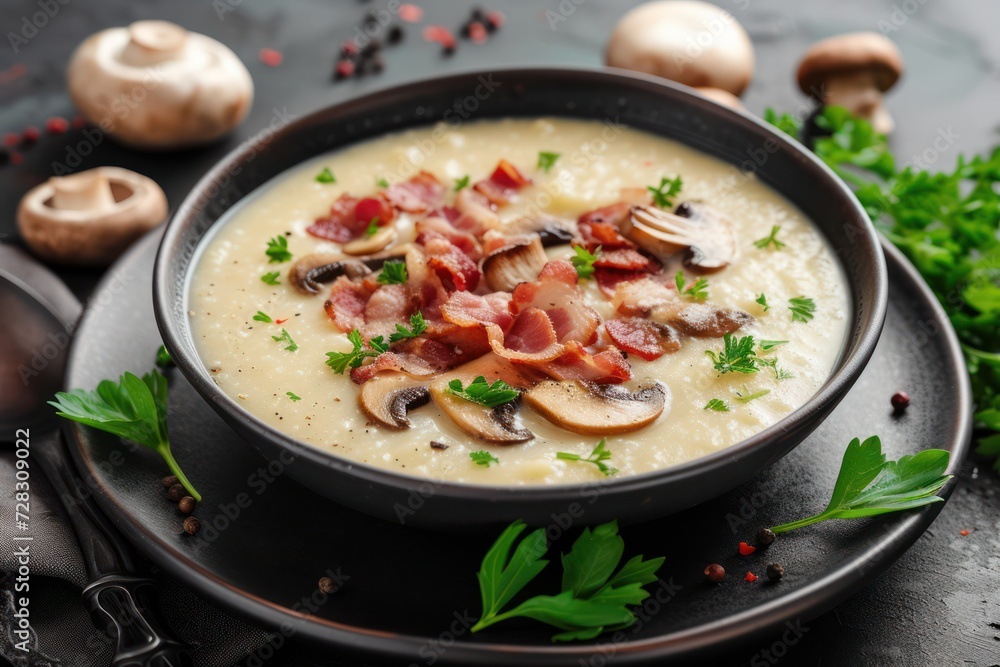 Fresh delicious hot puree soup with mushrooms and bacon in a black plate on a dark background Fresh delicious hot puree soup with mushrooms and bacon in a black plate on a dark background