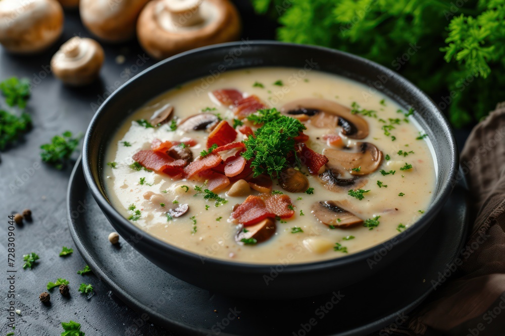 Fresh delicious hot puree soup with mushrooms and bacon in a black plate on a dark background