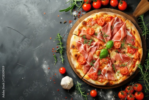 Fresh delicious Italian pizza with a prosciutto on a dark concrete background. Italian cuisine 