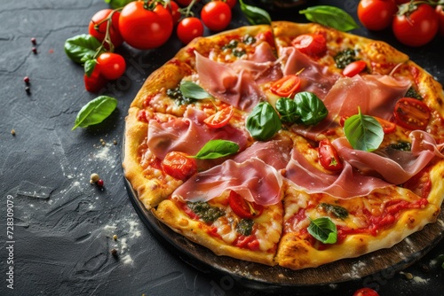 Fresh delicious Italian pizza with a prosciutto on a dark concrete background. Italian cuisine 