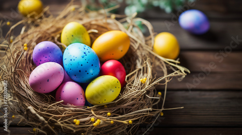 Colorful happy easter eggs in a nest