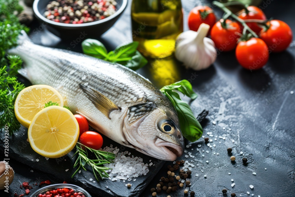 Fresh fish seabass and ingredients for cooking. Raw fish seabass with spices and herbs on a dark table Fresh fish seabass and ingredients for cooking. Raw fish seabass with spices and herbs on a dark table
