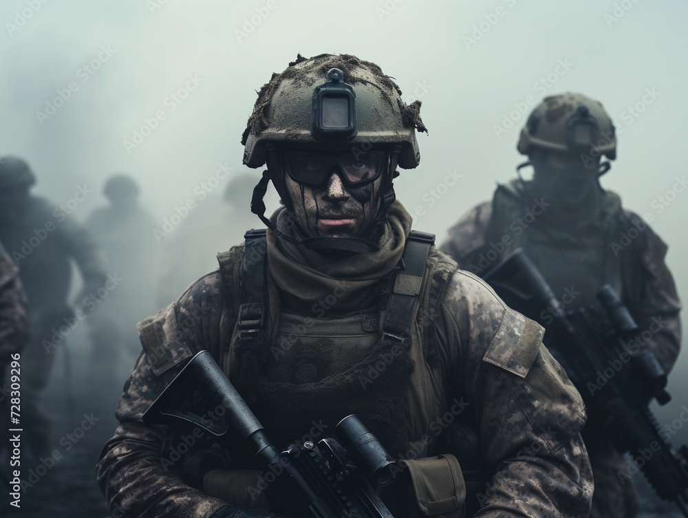 Several modern soldiers fully equipped facing the camera in a dusty and smoggy environment 
